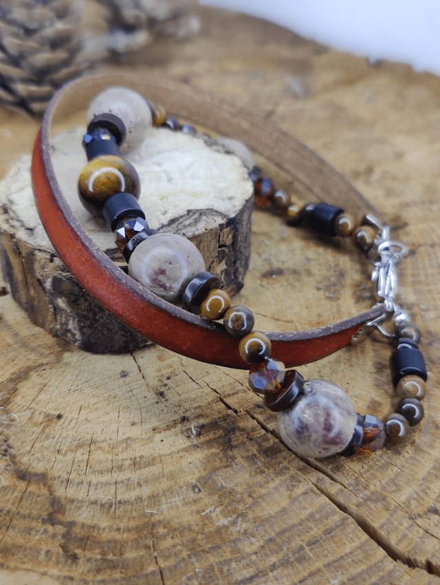 Bracelet double homme cuir, perle oeil de tigre, verre et bois Vintage