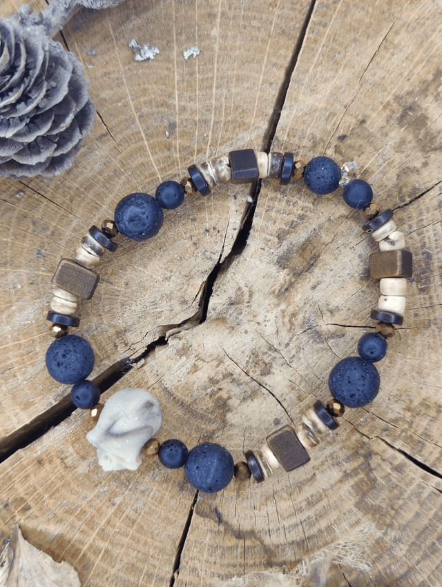 Bracelet homme Tête de mort Vintage et pierres de lave naturelle s