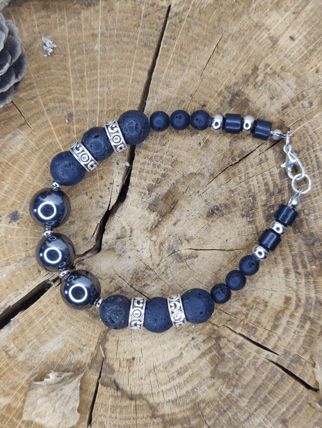 Bracelet homme en pierres de lave naturelles et hématites 