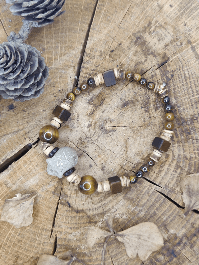 Bracelet homme Tête de mort Vintage, Pierres naturelles et Bois