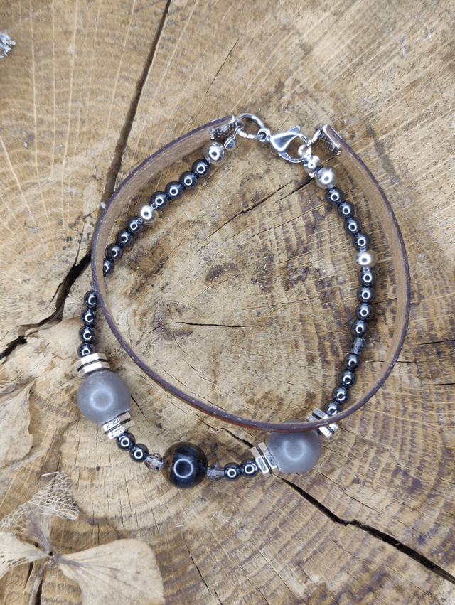 Bracelet homme double cuir, oeil de tigre, hématites et perle grises