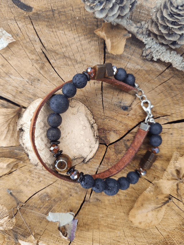 Bracelet homme cuir vachette, perles de lave et bois