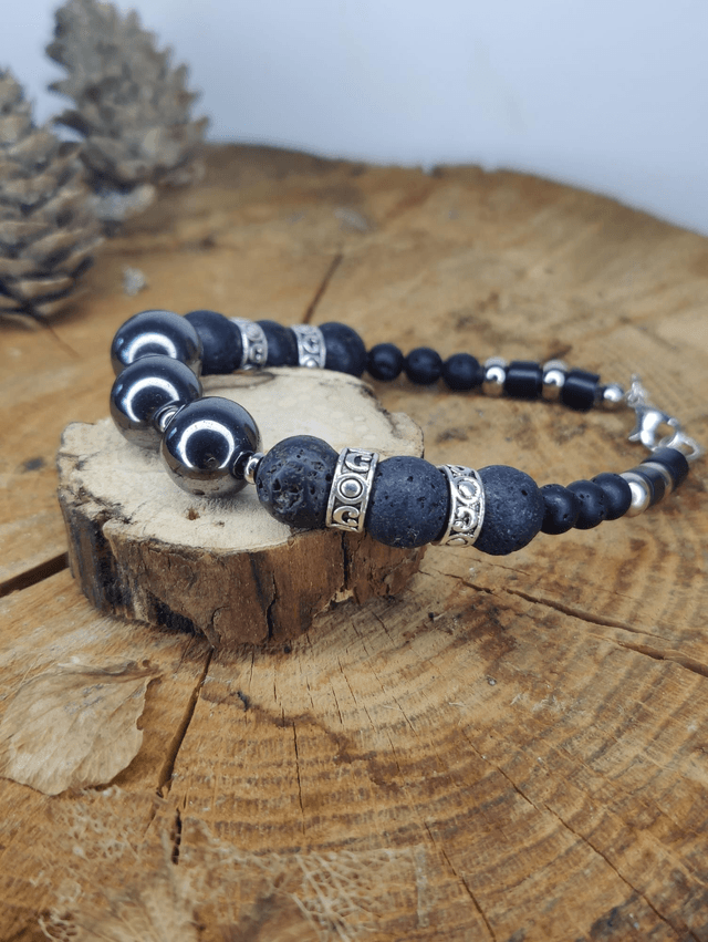 Bracelet homme en pierres de lave naturelles et hématites 