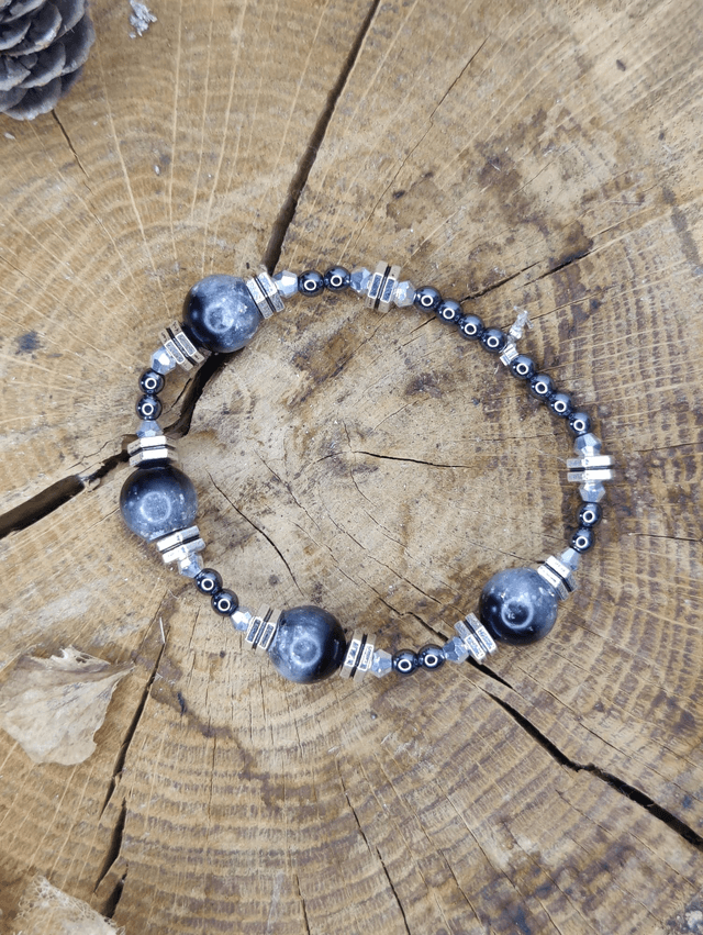 Bracelet homme en pierres naturelles hématite et perles de verre 