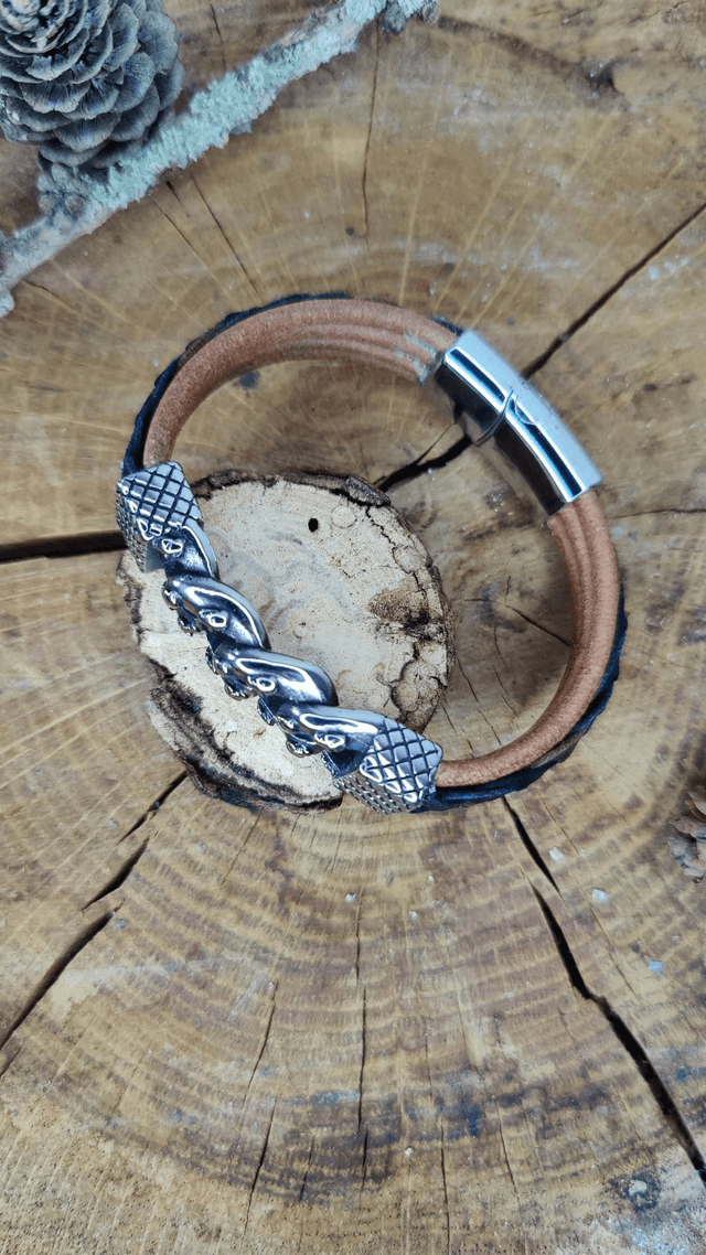 Bracelet homme cuir tressé bi teintes et dain modèle chaine