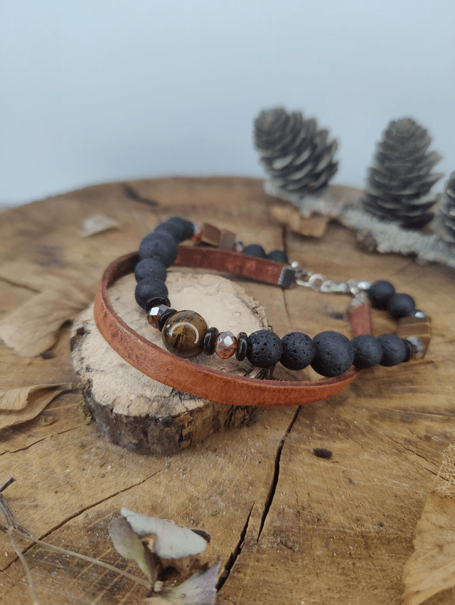 Bracelet homme cuir vachette, perles de lave et bois