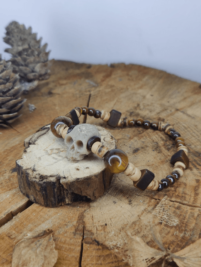 Bracelet homme Tête de mort Vintage, Pierres naturelles et Bois