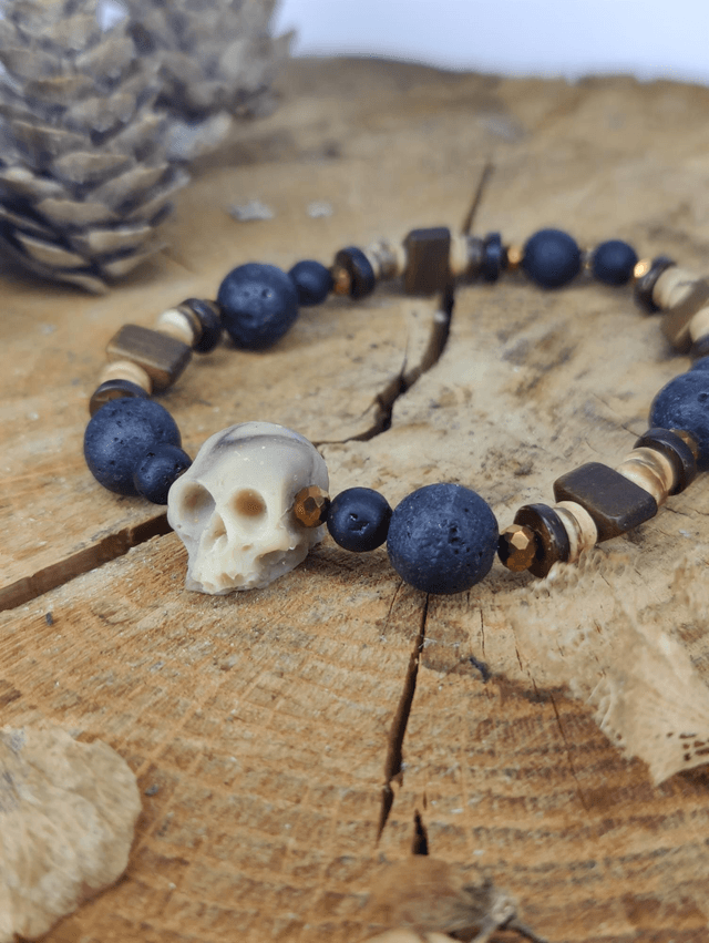 Bracelet homme Tête de mort Vintage et pierres de lave naturelle s