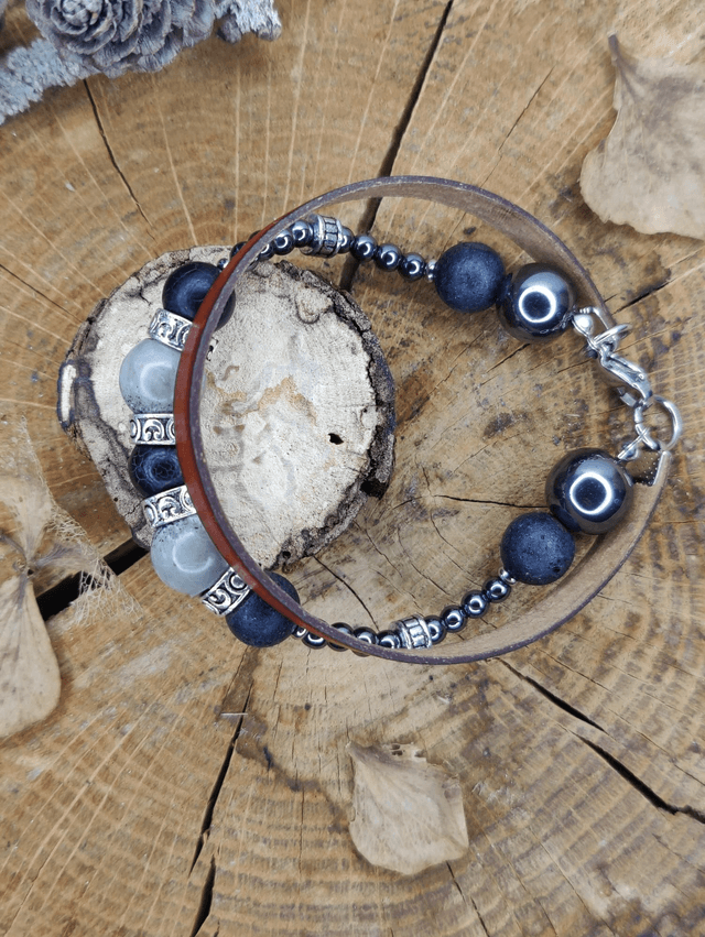 Bracelet homme cuir double perles marbré, perles de lave et hématites vintage