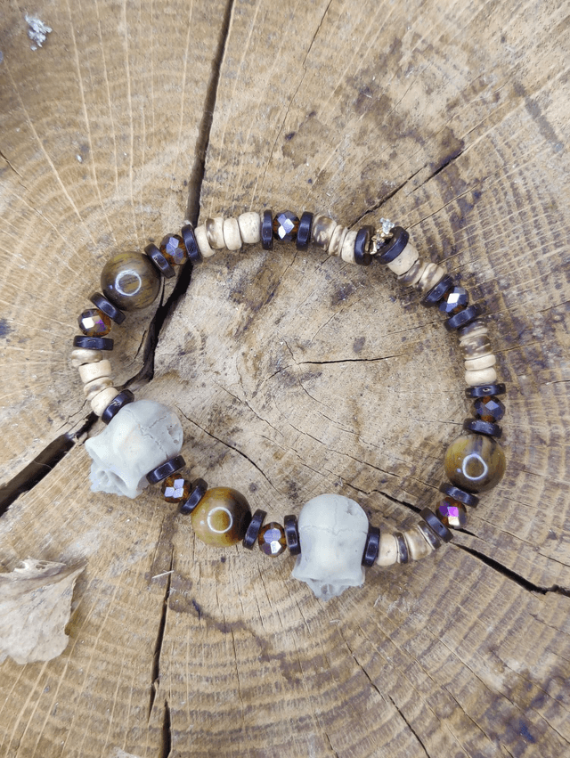 Bracelet homme tête de mort vintage, oeil de tigre et bois