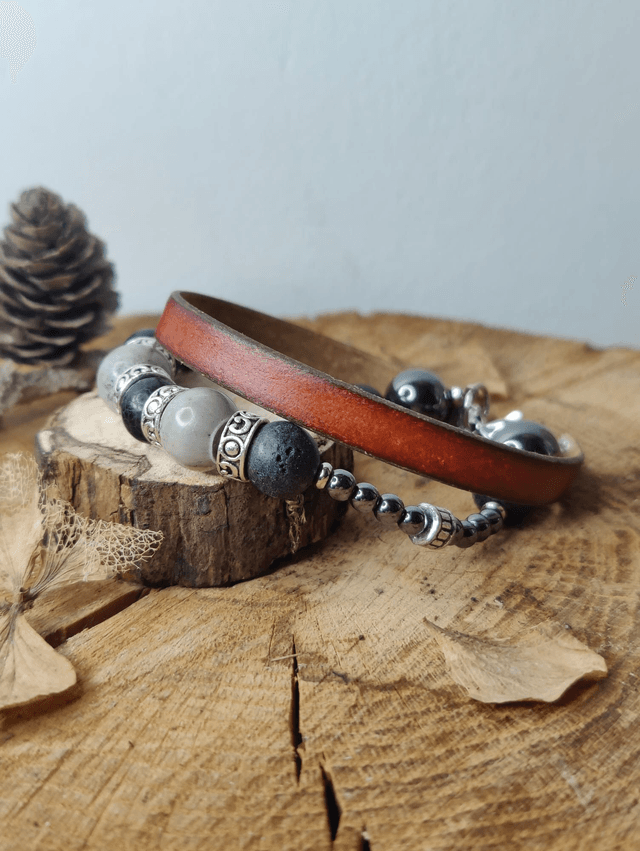 Bracelet homme cuir double perles marbré, perles de lave et hématites vintage