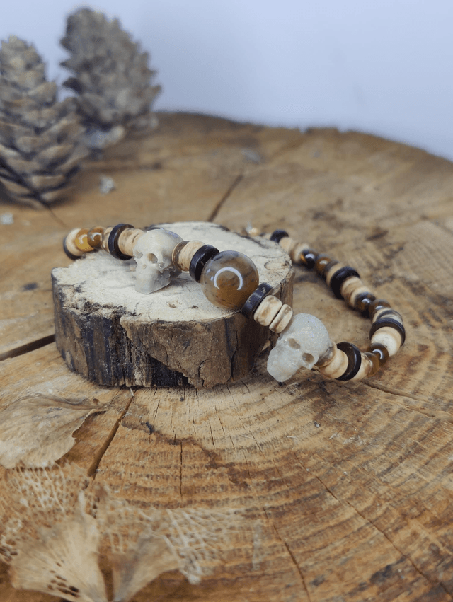 Bracelet homme en pierres naturelles oeil de Tigre & tête de mort Vintage