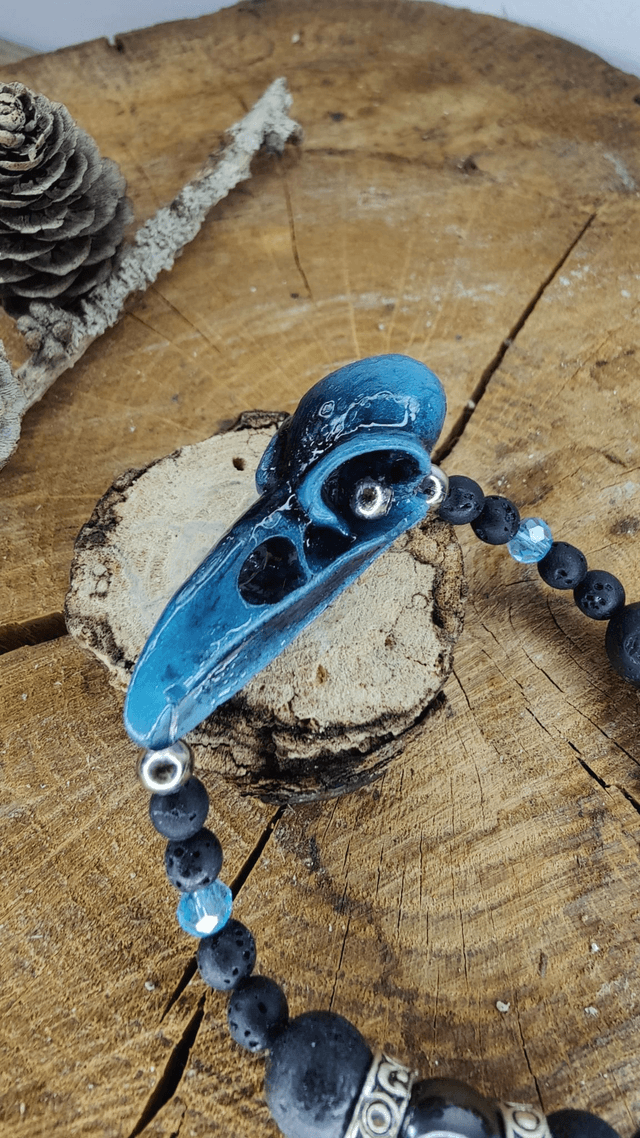 Bracelet homme tête de corbeaux et pierres naturelles de lave