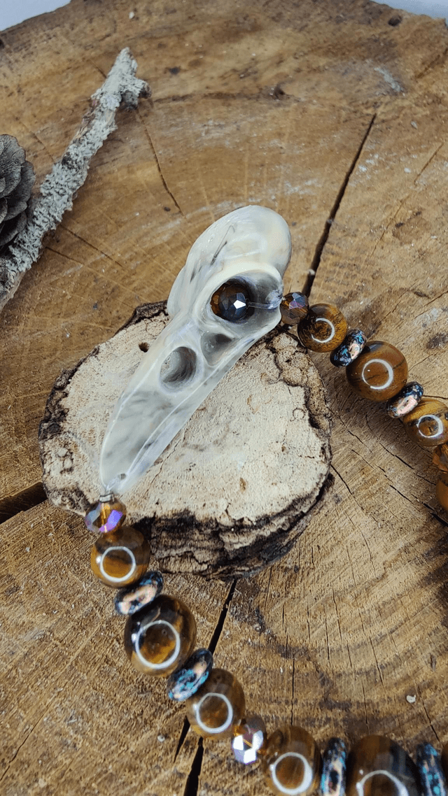 Bracelet homme Tête de corbeaux et pierres Oeil de Igre naturelles