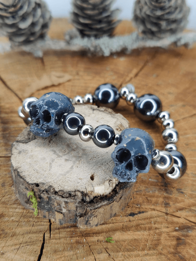 Bracelet homme tête de mort hématite et acier inoxydable 