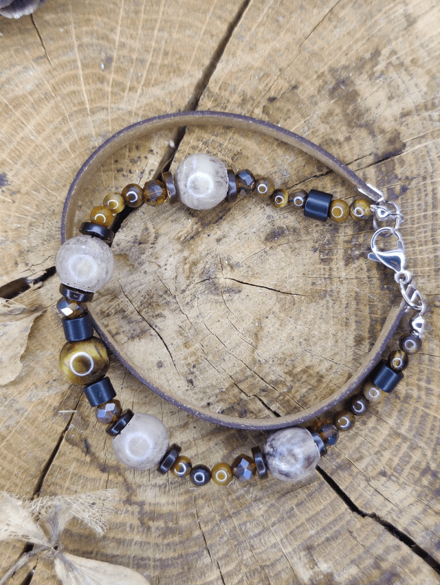Bracelet double homme cuir, perle oeil de tigre, verre et bois Vintage