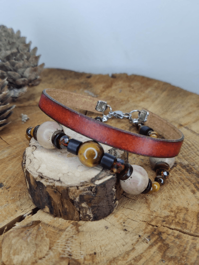 Bracelet double homme cuir, perle oeil de tigre, verre et bois Vintage