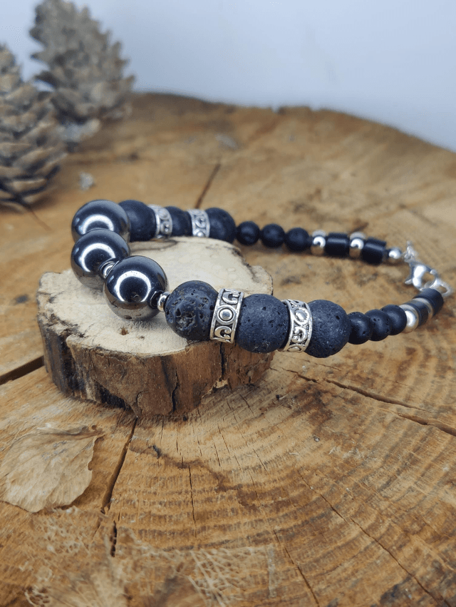 Bracelet homme en pierres de lave naturelles et hématites 