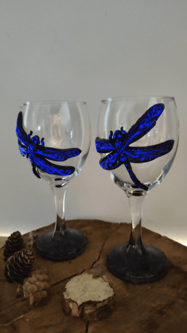 Duo de Verres à vin Libellule phosphorescentes bleu nuit