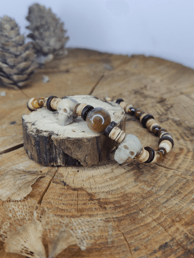 Bracelet homme en pierres naturelles oeil de Tigre &amp; tête de mort Vintage