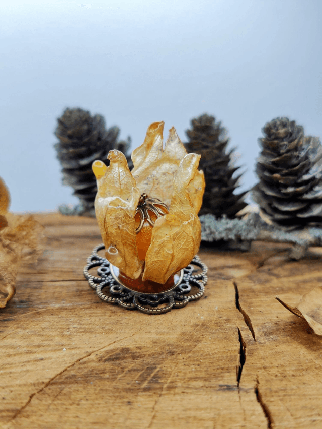 Broche Physalis et perle de résine vintage